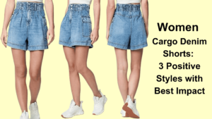 a collage of a women cargo denim shorts