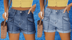 a collage of a women cargo denim shorts