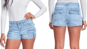 a collage of a women cargo denim shorts