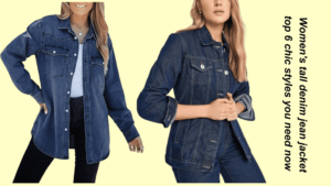 a collage of women wearing tall denim Jean jacket