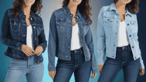 a collage of women wearing tall denim Jean jacket